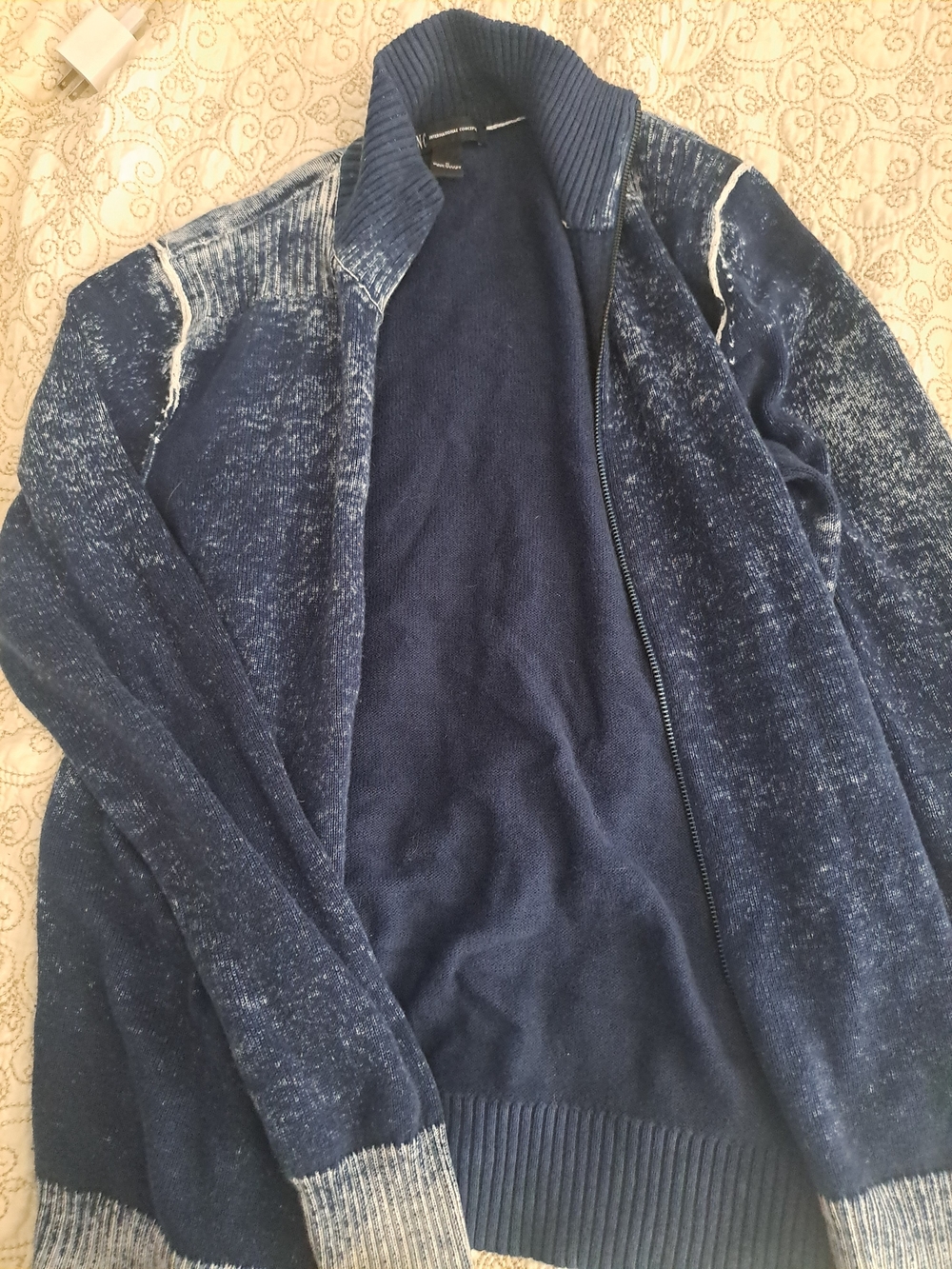 INC International Concepts Men's Distressed Navy Zip-Up Sweater
